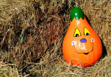 painted pumpkin in haystack