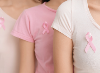 women with breast cancer awareness pink ribbons